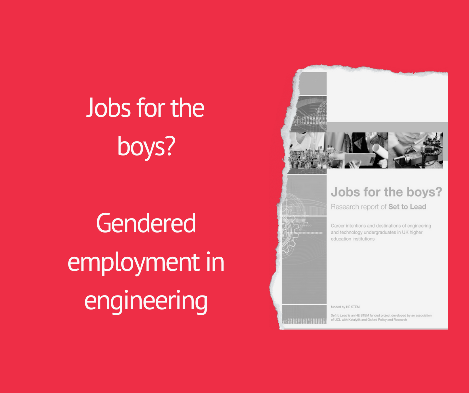 red square with white text 'jobs for the boys?' gendered employment in engineering with a black and white image of the report cover.