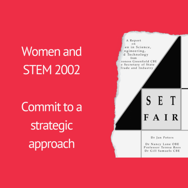 a red sqaure with white text "women and stem commit to a strategic approach" and a report cover of SET Fair