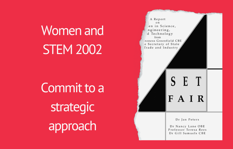 a red sqaure with white text "women and stem commit to a strategic approach" and a report cover of SET Fair