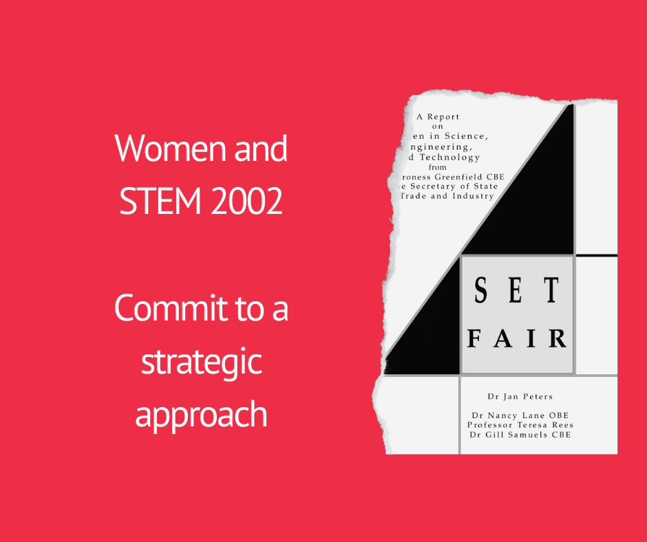 a red sqaure with white text "women and stem commit to a strategic approach" and a report cover of SET Fair