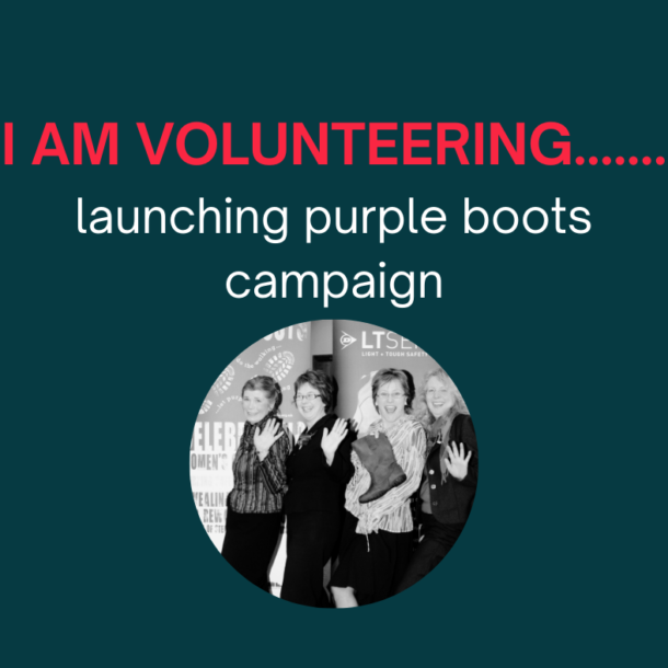 four women in black and white phoot wearing safety boots. pictured in a dark grey circle with title I am volunteering