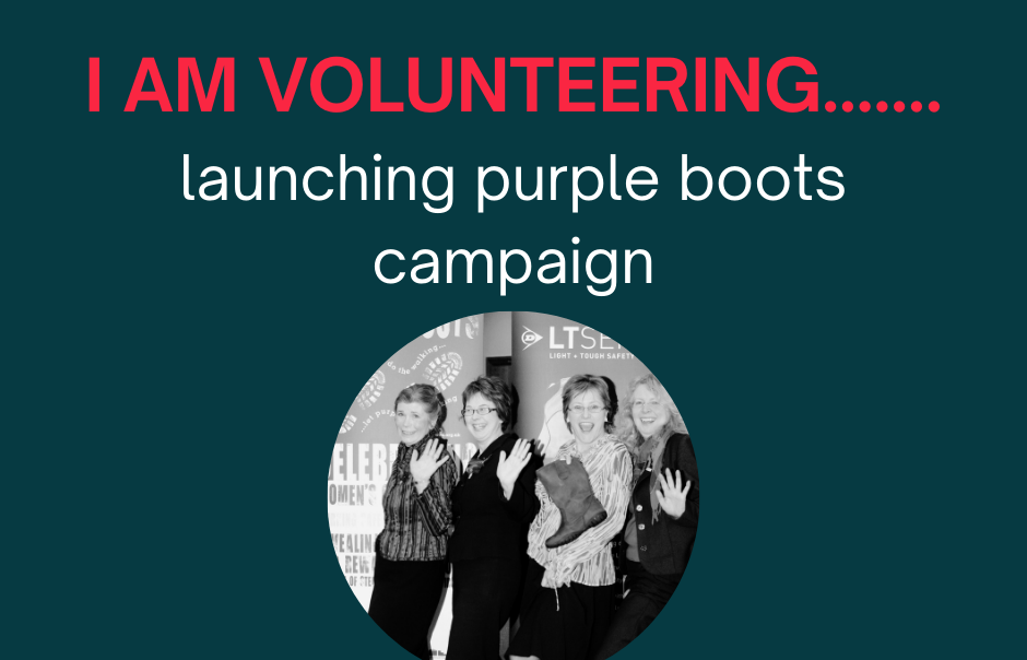 four women in black and white phoot wearing safety boots. pictured in a dark grey circle with title I am volunteering