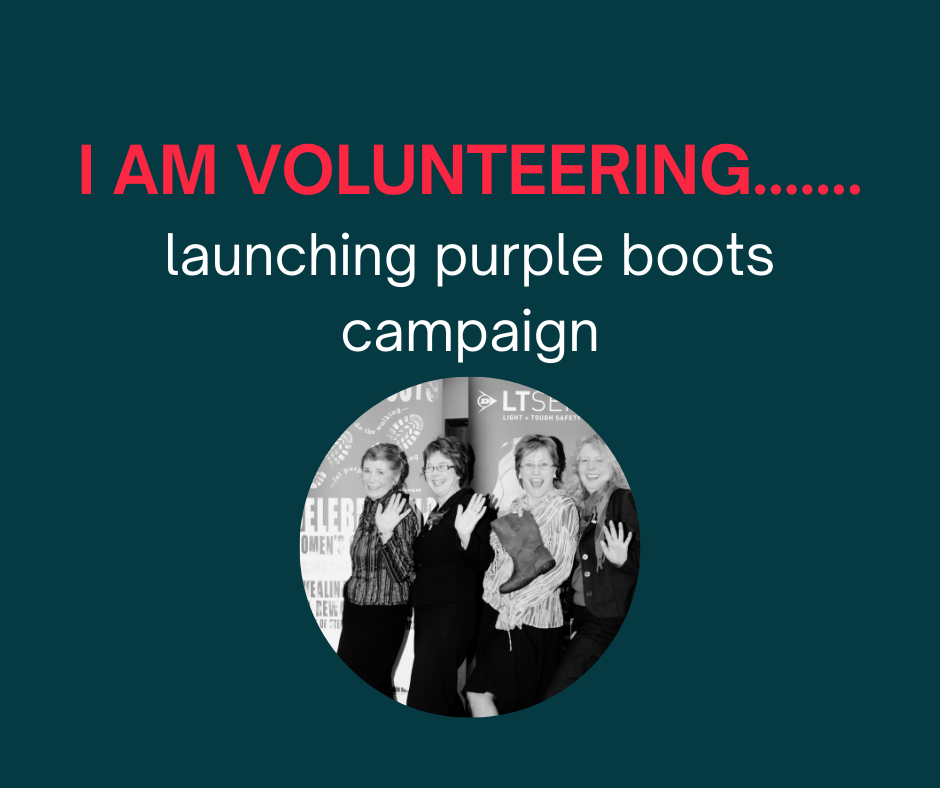 four women in black and white phoot wearing safety boots. pictured in a dark grey circle with title I am volunteering