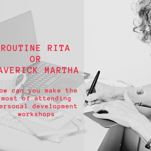 black and white image of woman writing at desk and title routine rita in red