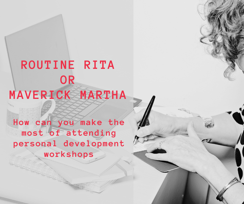 black and white image of woman writing at desk and title routine rita in red