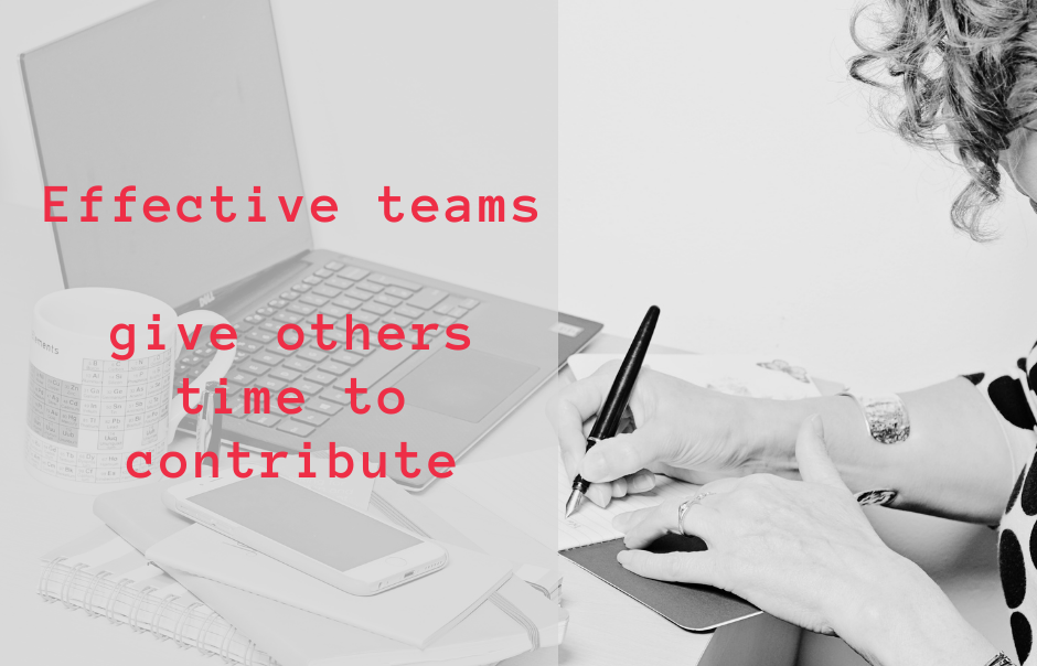 black and white image of woman wriitng at desk with title in red effective teams