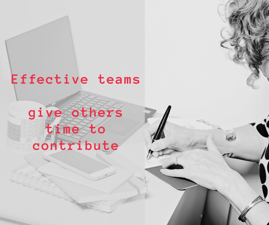 black and white image of woman wriitng at desk with title in red effective teams