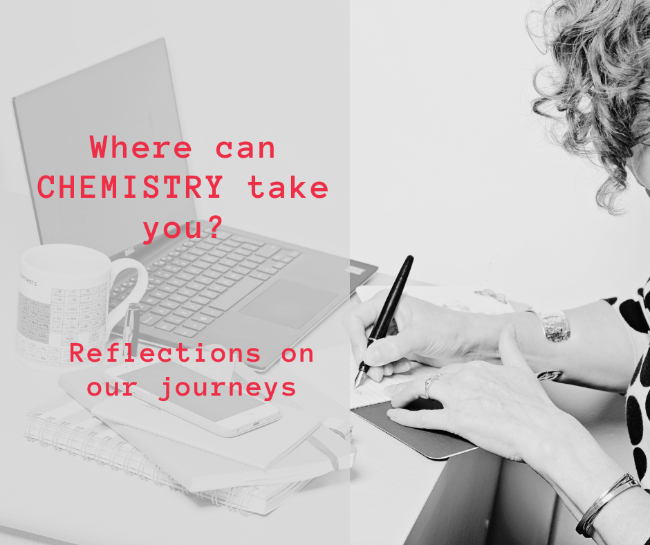 black and white image of woman writing at desk and title in red 'where does chemistry take you?'