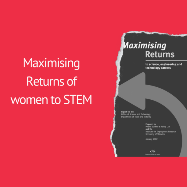 red square with title in white 'maximising returns to stem' and an image in black and white of the report cover