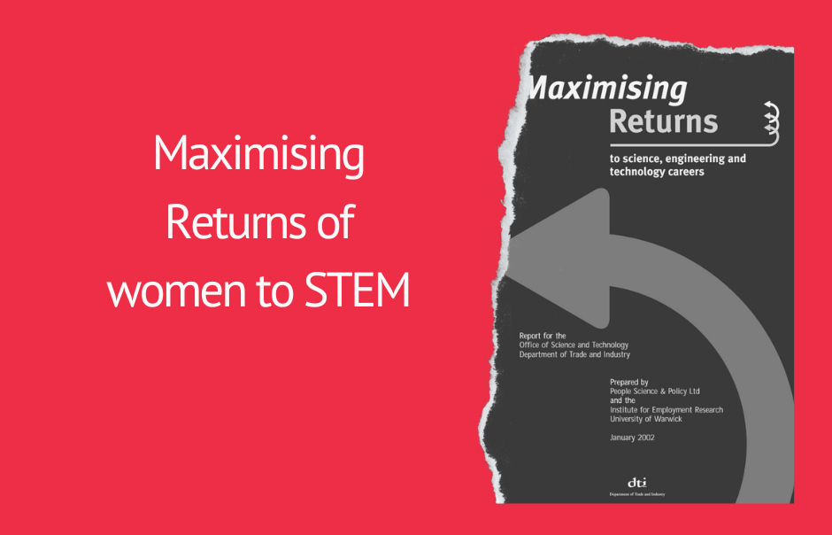 red square with title in white 'maximising returns to stem' and an image in black and white of the report cover