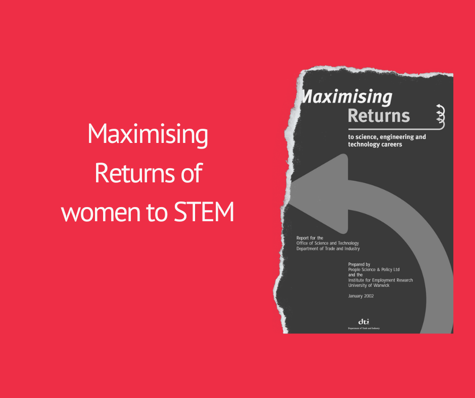 red square with title in white 'maximising returns to stem' and an image in black and white of the report cover